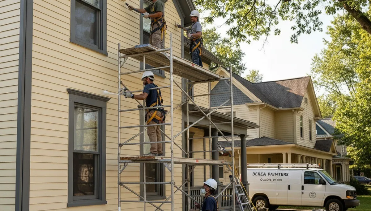 Professional Cleveland, OH painters preparing a home exterior for painting service