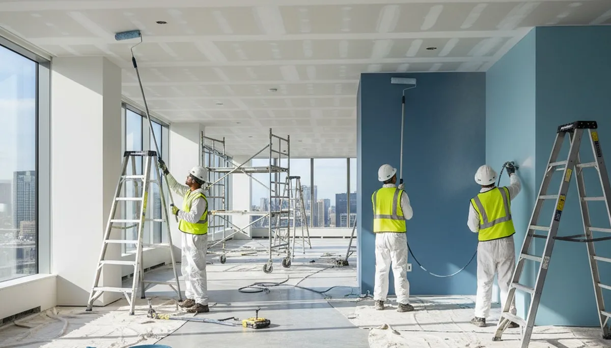 Commercial painters coating a Cleveland, OH commercial building exterior for weather protection