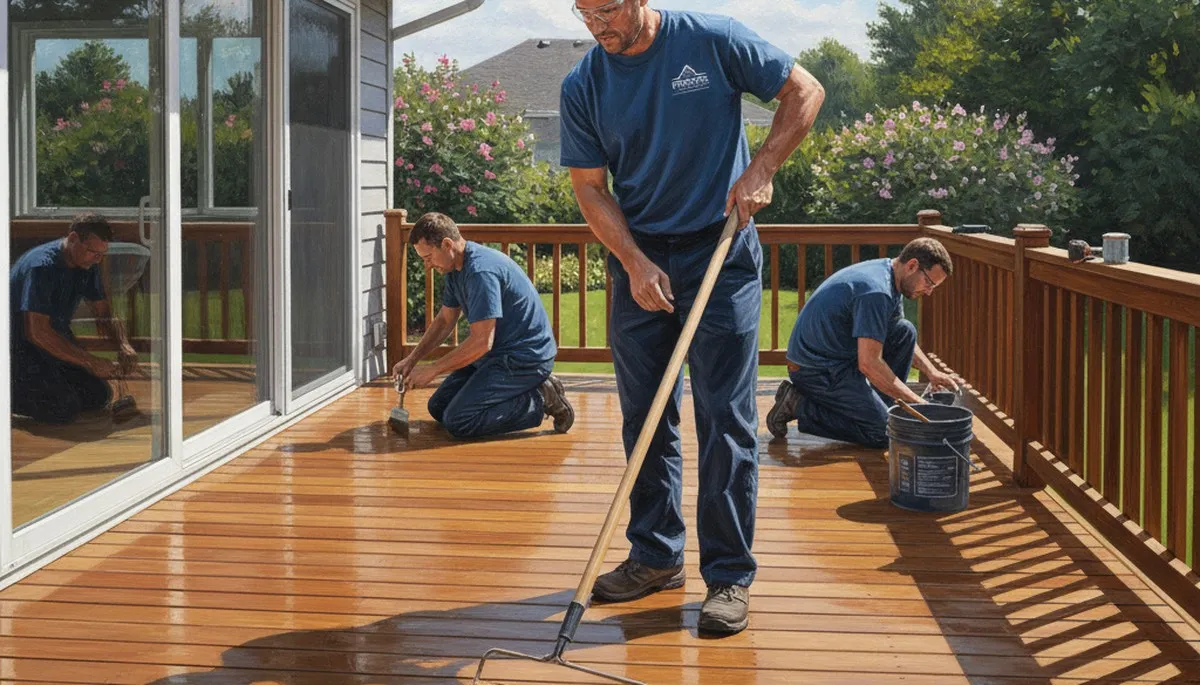 Cleveland, OH painters sealing a deck to protect wood from weather, UV, and moisture damage