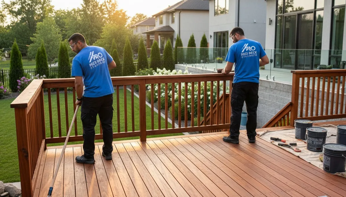 Cleveland, OH painters staining a deck to protect wood from weather, humidity, and UV damage